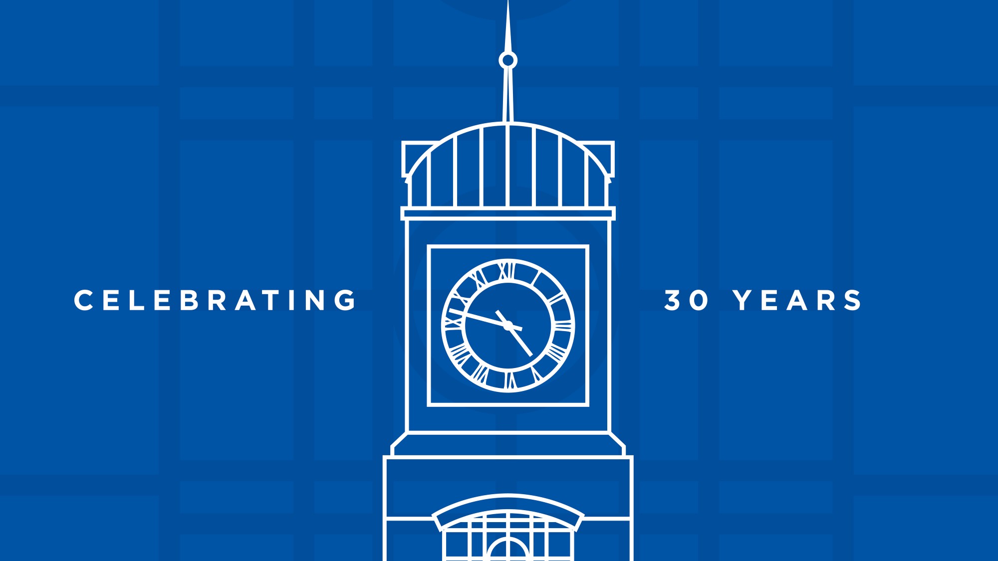 Celebrating 30 Years - GVSU Cook Carillon - text over Laker blue background with White outline of cook carillon in center of the image.